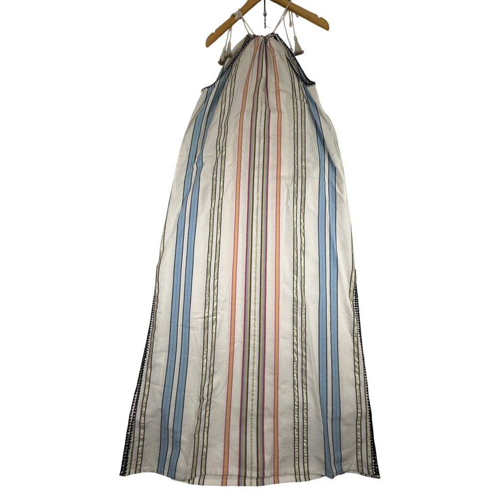 Ilio Nema Womens Cotton Lurex Striped Halter Maxi Dress White Blue M Metallic